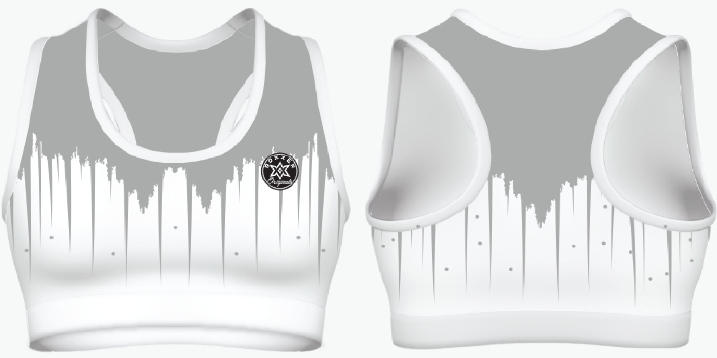 Shine Bright custom sports bra with drip-effect design and contrasting trims.